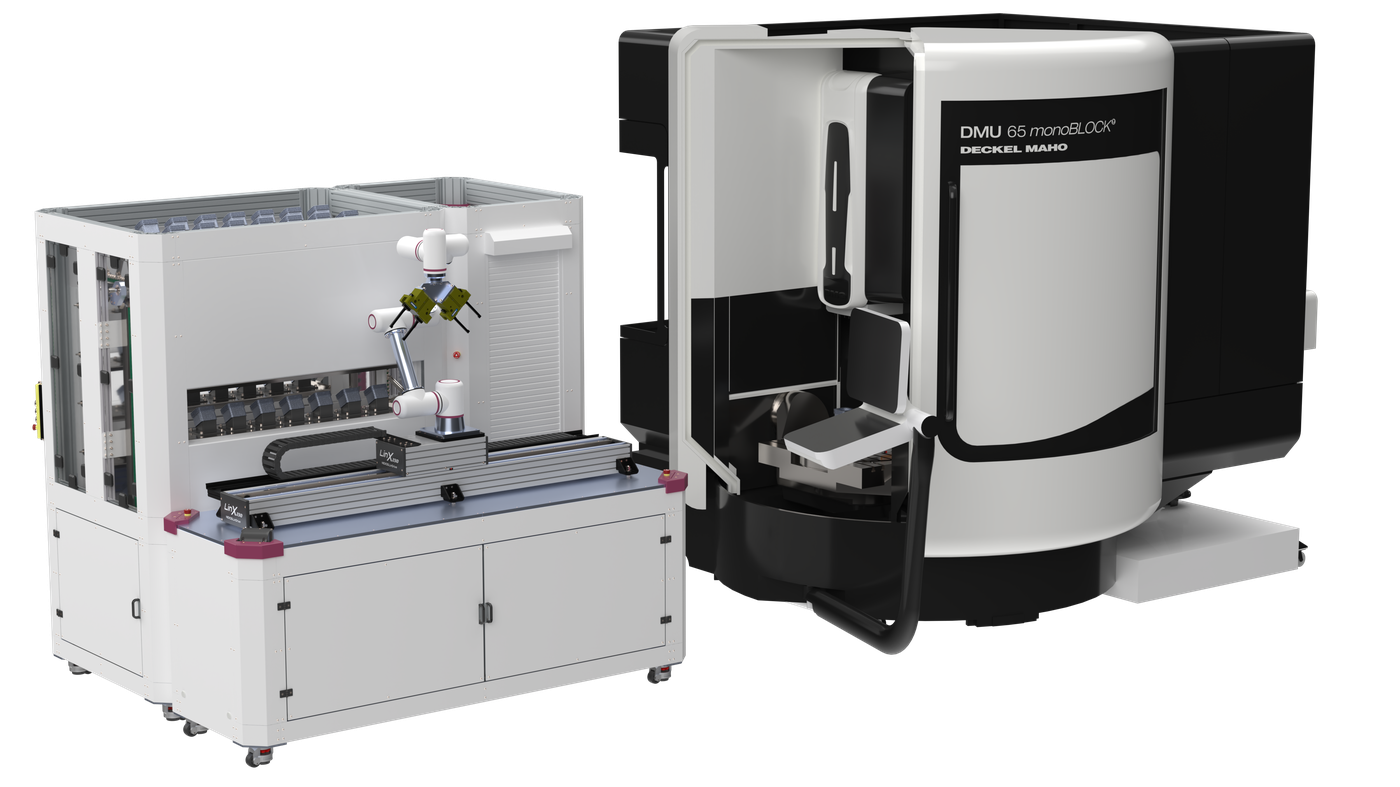 NEXOS.Cube Maschinenbeladung — Cobot belädt DMU 65 monoBLOCK CNC-Bearbeitungszentrum