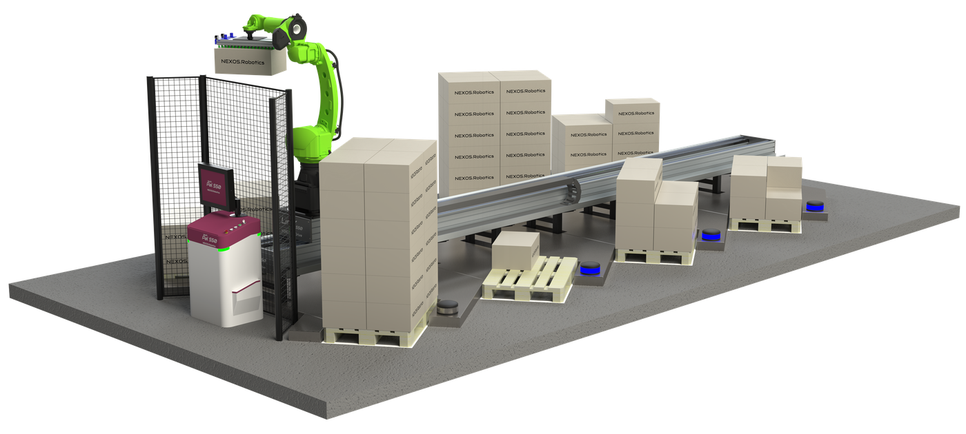 NEXOS.Works Palettiersystem — Roboterarm stapelt Kartons auf mehrere Paletten mit Förderband